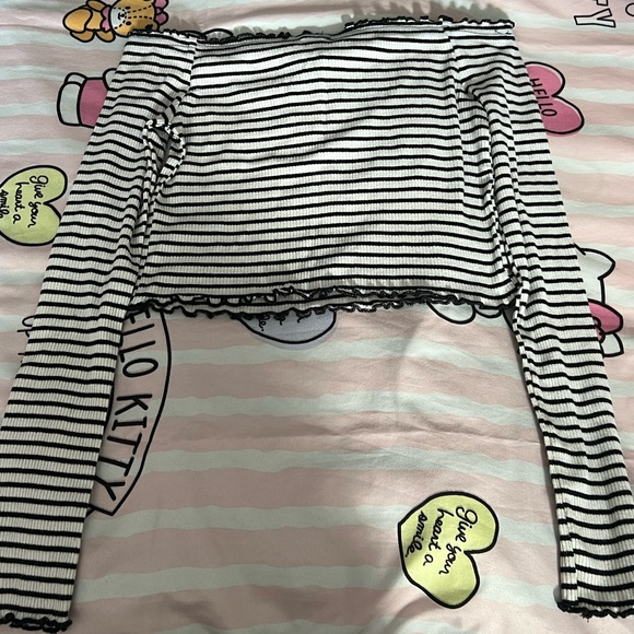 Striped off shoulder frill trim long sleeve top - Picture 3 of 3
